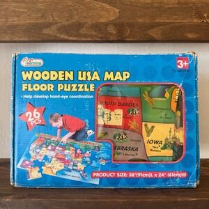 Vintage First Learning Wooden USA Map Floor Puzzle 26 Pcs 36x24 Complete OpenBox